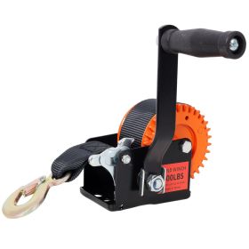 600LBS Hand Winch,with 19.6FT Black Strap,Orange & Black Shell,3.1:1 Gear Ratio Portable Winch,Two-Way Ratchet